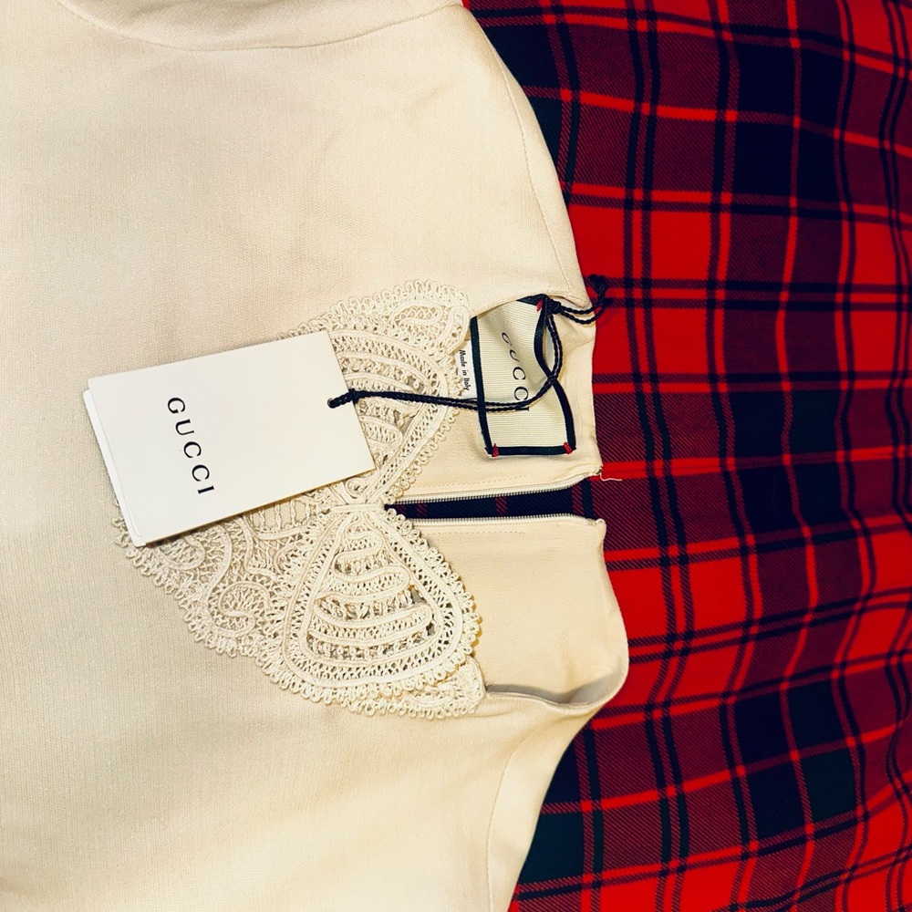 Gucci Red, Crème and Black Asymmetrical Dress with Gucci ivory dress cover. - Picture 4 of 15